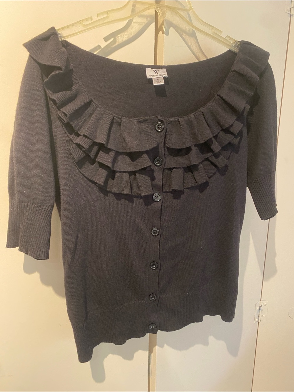 W by Worth Black Ruffle-Front Button Cardigan flattering wide neck